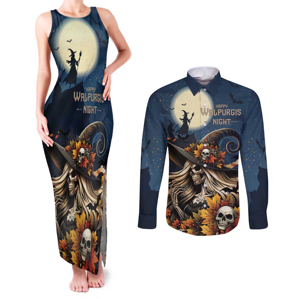 Happy Walpurgis Night Couples Matching Tank Maxi Dress and Long Sleeve Button Shirt Skull Witch Spooky Style