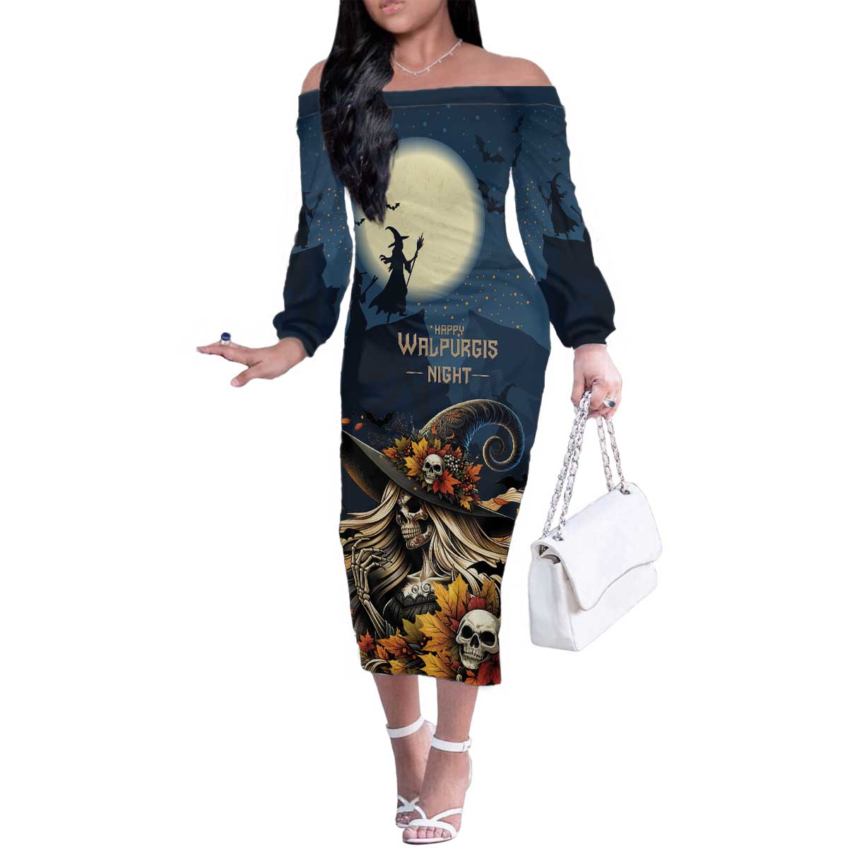 Happy Walpurgis Night Family Matching Off The Shoulder Long Sleeve Dress and Hawaiian Shirt Skull Witch Spooky Style