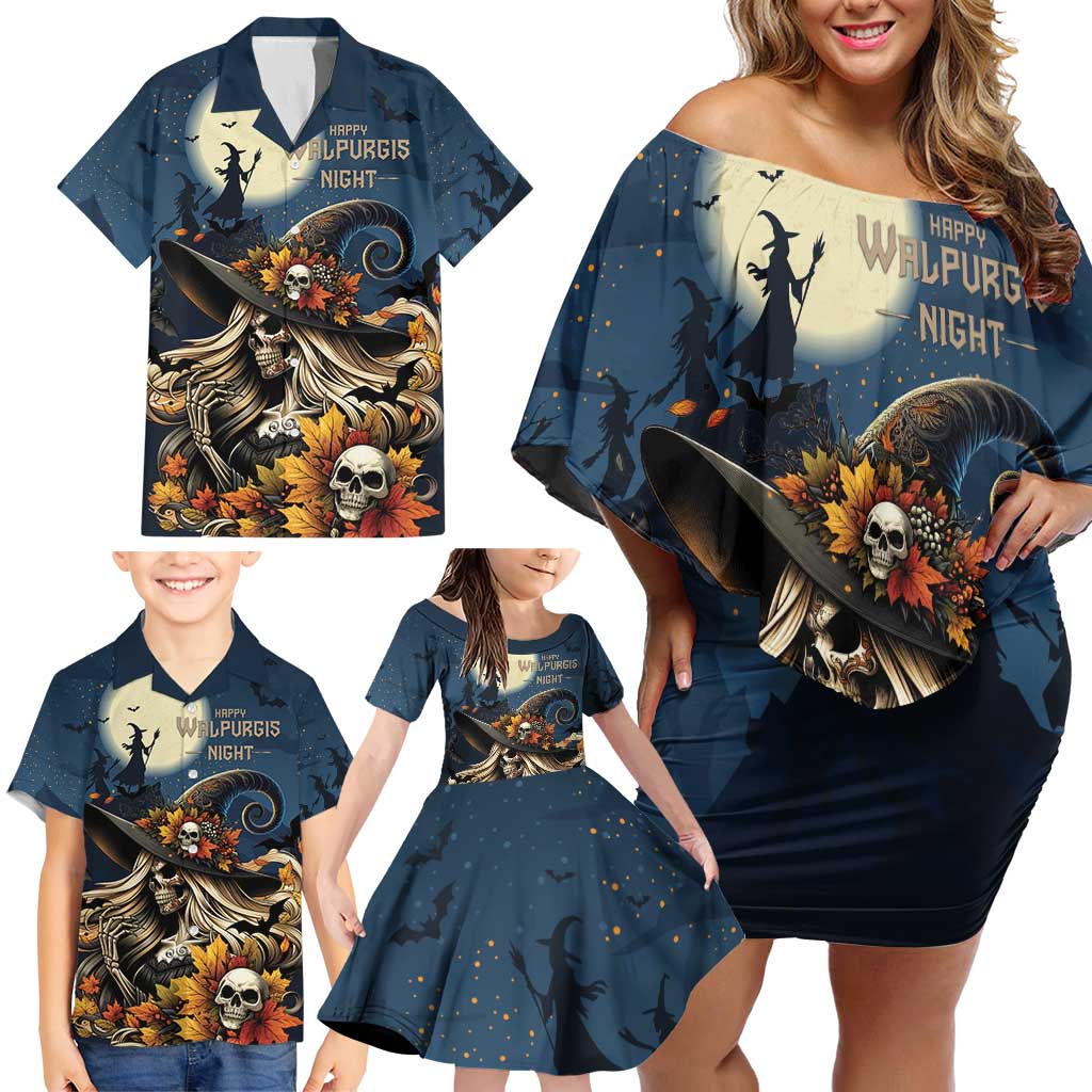 Happy Walpurgis Night Family Matching Off Shoulder Short Dress and Hawaiian Shirt Skull Witch Spooky Style