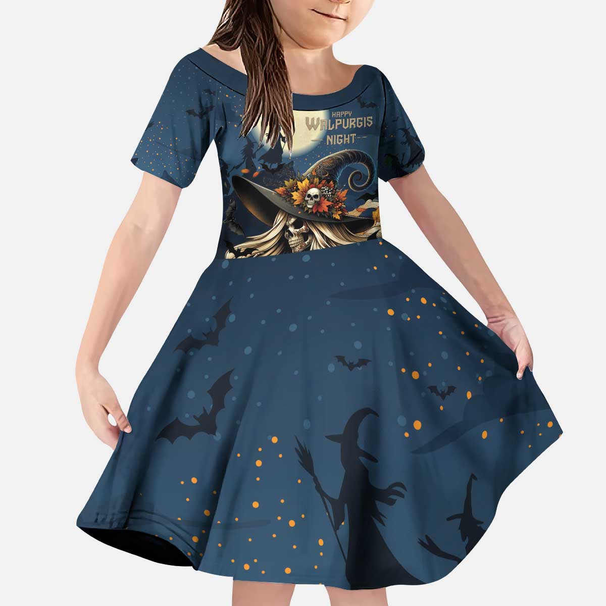 Happy Walpurgis Night Kid Short Sleeve Dress Skull Witch Spooky Style