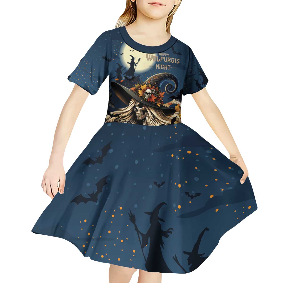 Happy Walpurgis Night Kid Short Sleeve Dress Skull Witch Spooky Style