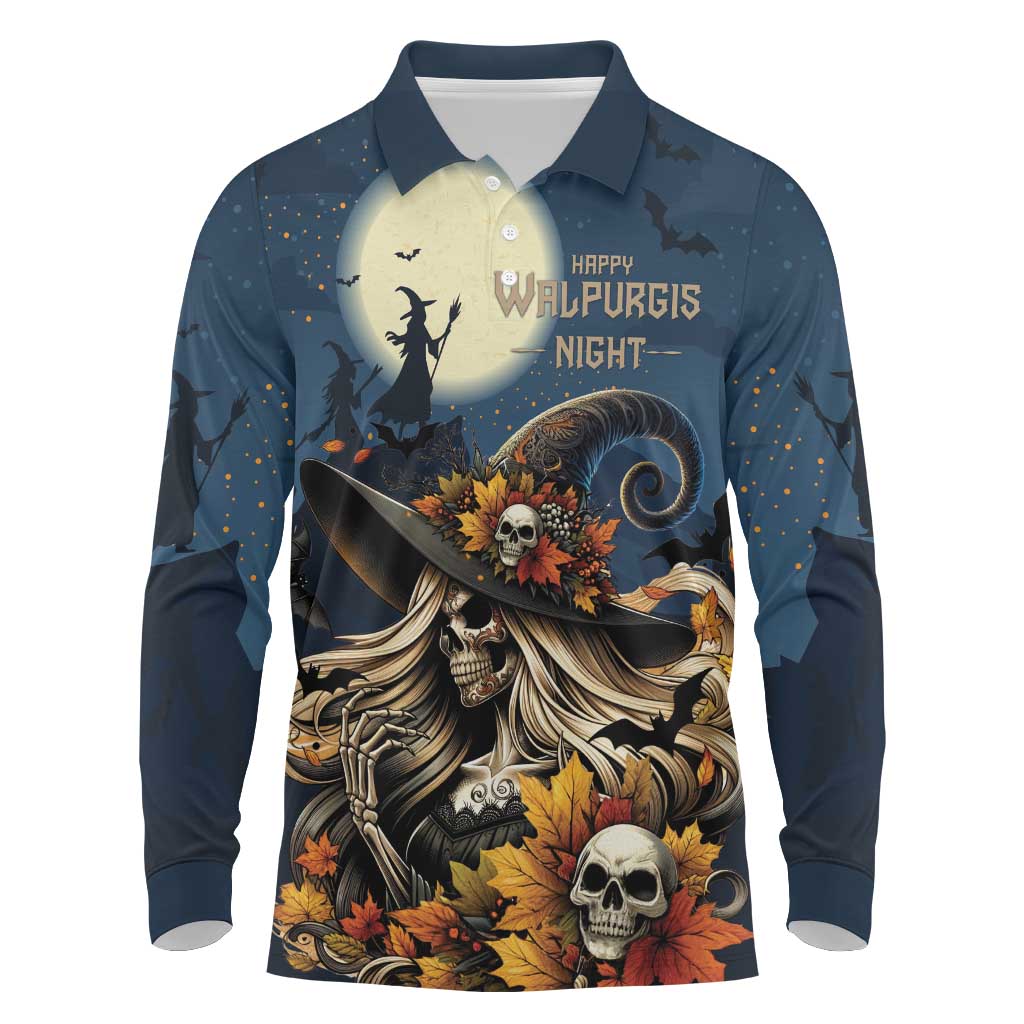 Happy Walpurgis Night Long Sleeve Polo Shirt Skull Witch Spooky Style