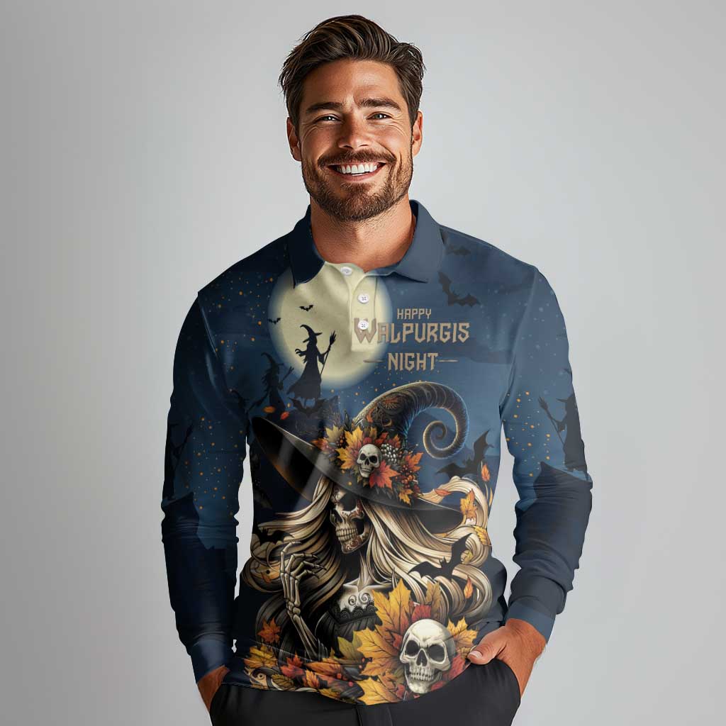 Happy Walpurgis Night Long Sleeve Polo Shirt Skull Witch Spooky Style