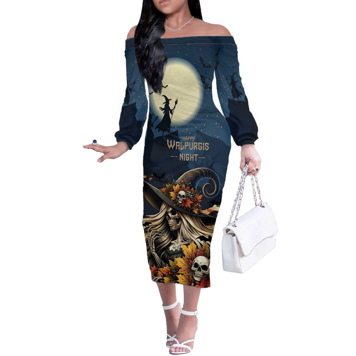 Happy Walpurgis Night Off The Shoulder Long Sleeve Dress Skull Witch Spooky Style