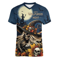 Happy Walpurgis Night Women V-Neck T-Shirt Skull Witch Spooky Style