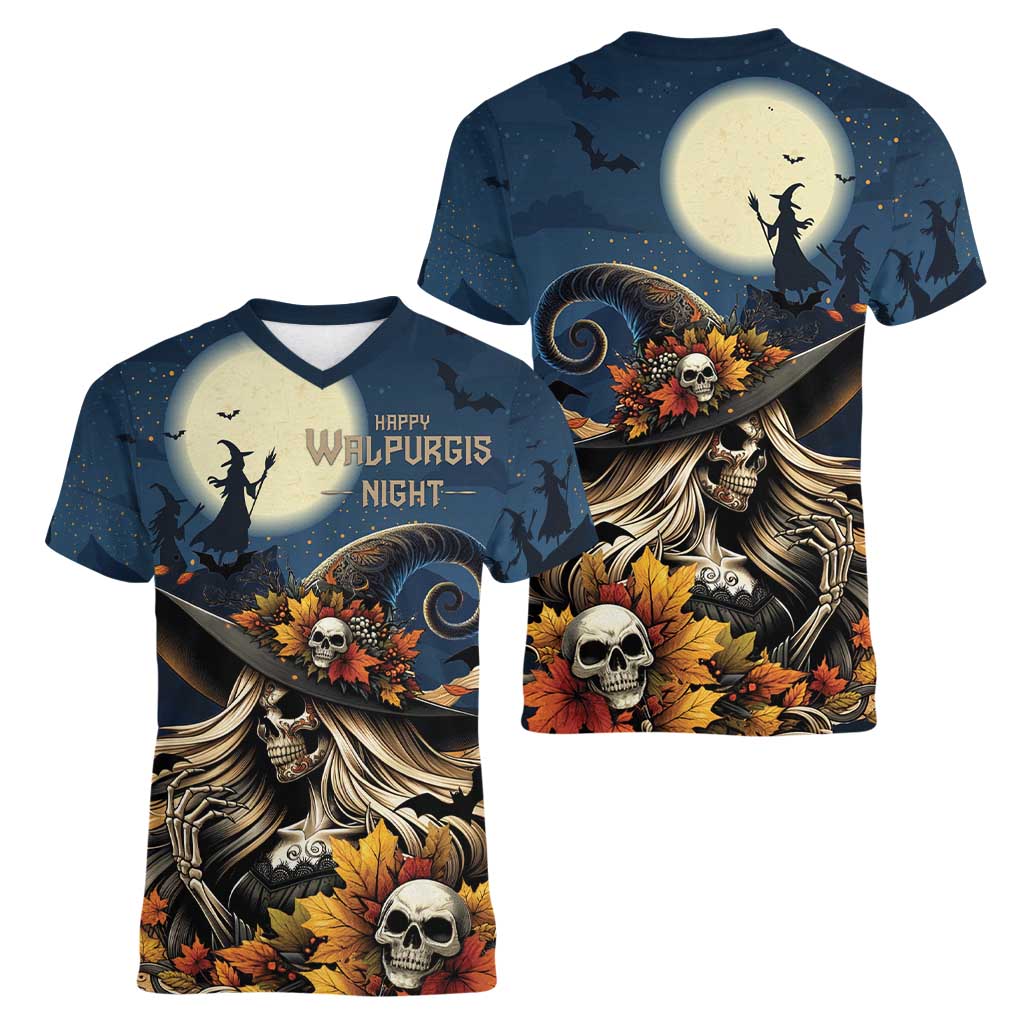 Happy Walpurgis Night Women V-Neck T-Shirt Skull Witch Spooky Style