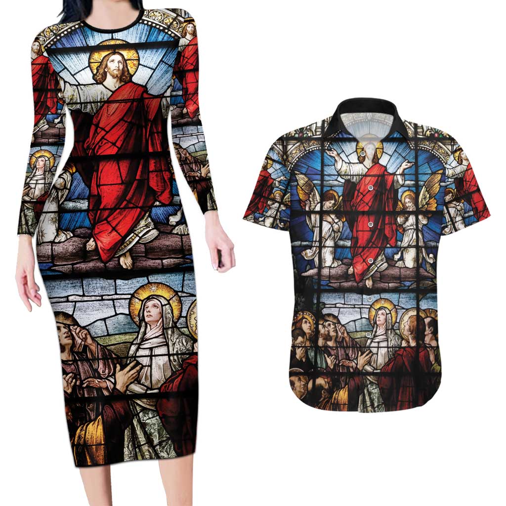 Happy Ascension Day Couples Matching Long Sleeve Bodycon Dress and Hawaiian Shirt Ascension Of Jesus Christ Stained Glass Windows