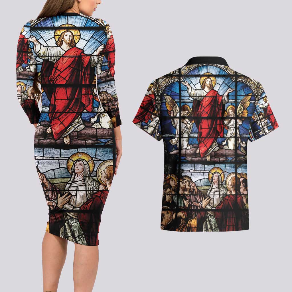 Happy Ascension Day Couples Matching Long Sleeve Bodycon Dress and Hawaiian Shirt Ascension Of Jesus Christ Stained Glass Windows