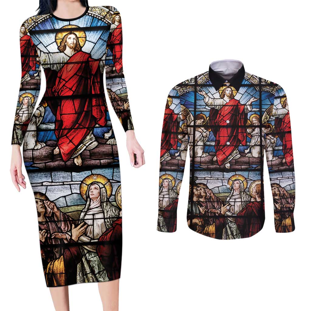 Happy Ascension Day Couples Matching Long Sleeve Bodycon Dress and Long Sleeve Button Shirt Ascension Of Jesus Christ Stained Glass Windows