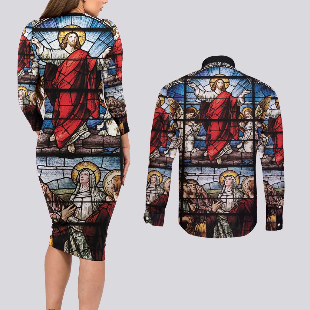 Happy Ascension Day Couples Matching Long Sleeve Bodycon Dress and Long Sleeve Button Shirt Ascension Of Jesus Christ Stained Glass Windows