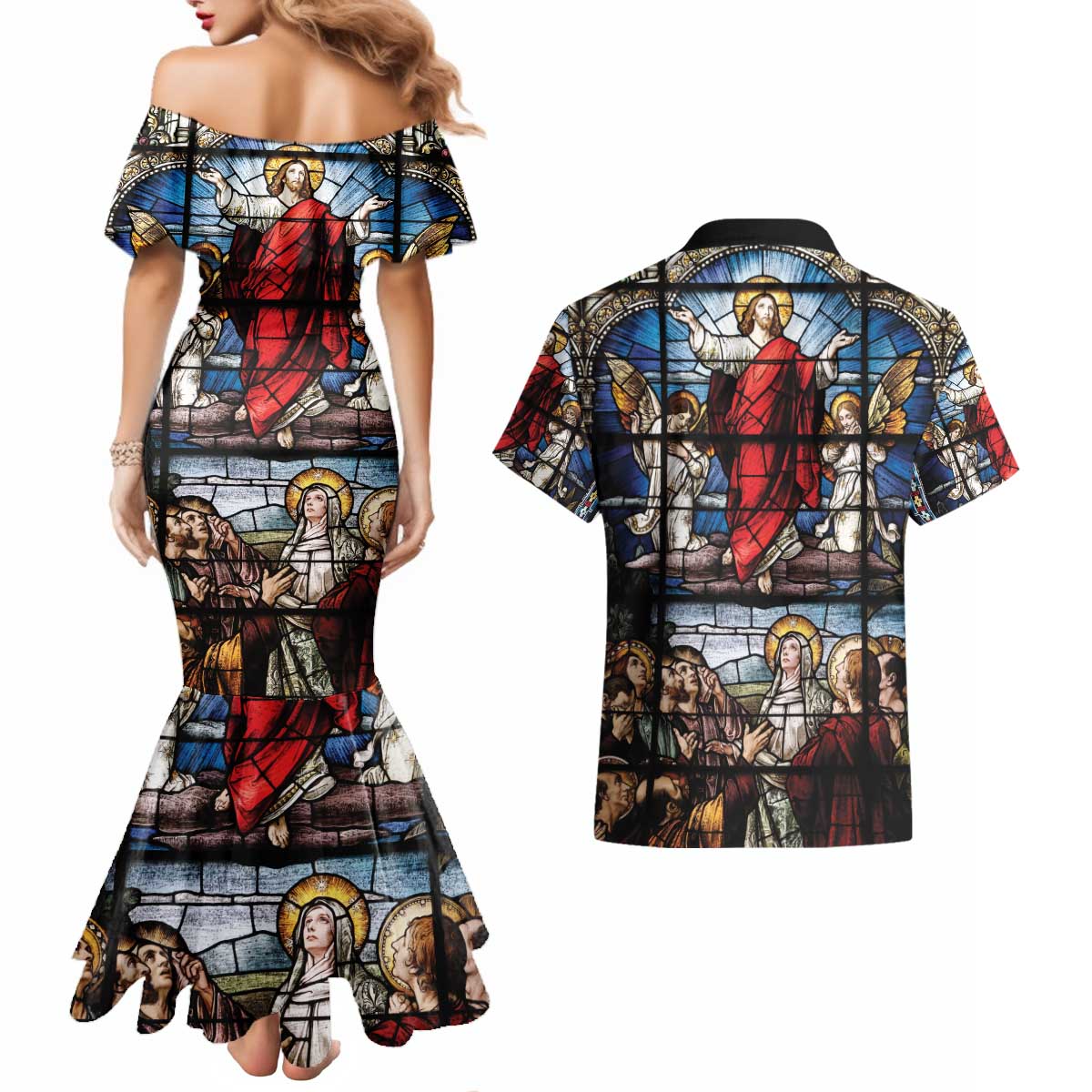 Happy Ascension Day Couples Matching Mermaid Dress and Hawaiian Shirt Ascension Of Jesus Christ Stained Glass Windows
