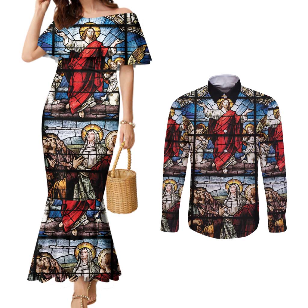 Happy Ascension Day Couples Matching Mermaid Dress and Long Sleeve Button Shirt Ascension Of Jesus Christ Stained Glass Windows
