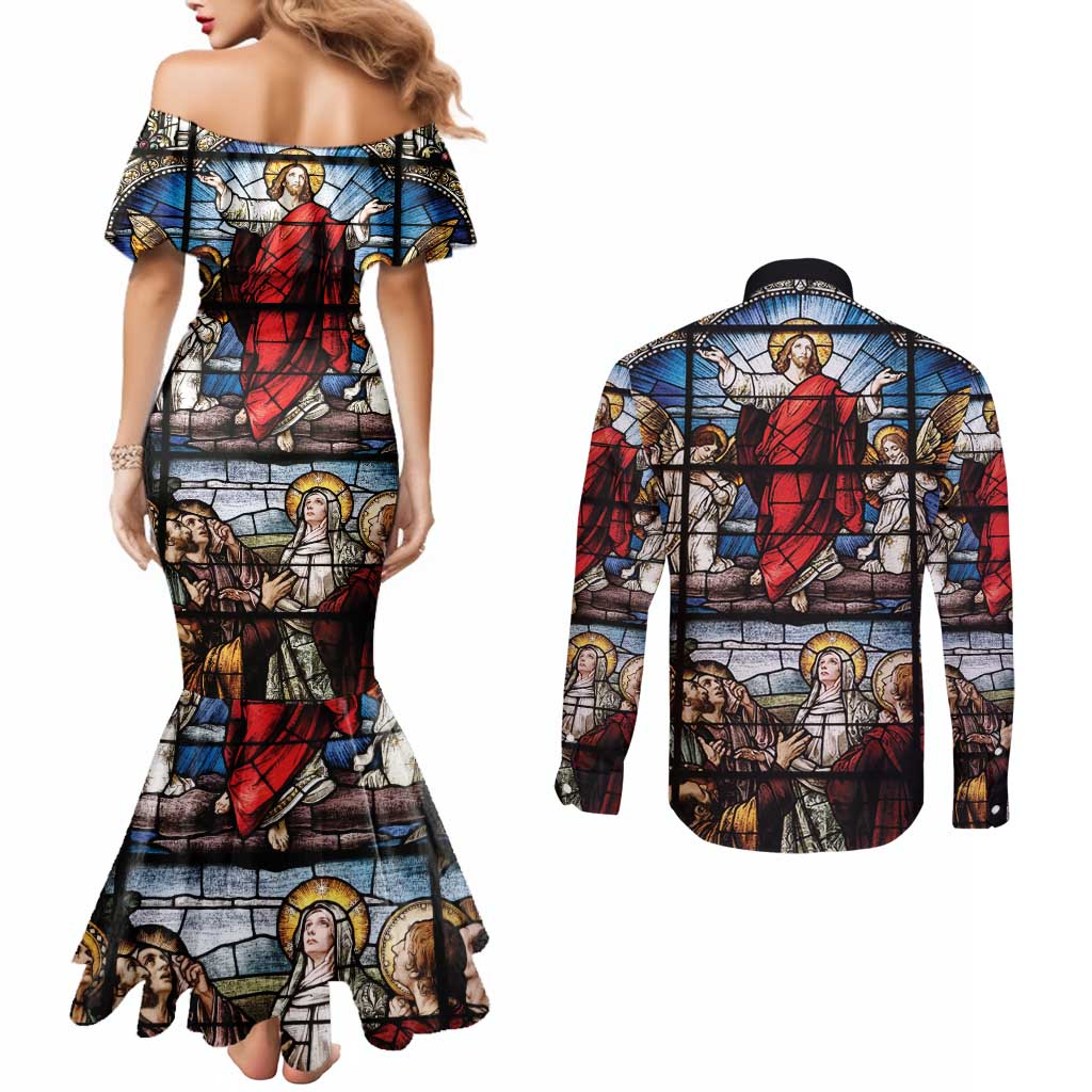 Happy Ascension Day Couples Matching Mermaid Dress and Long Sleeve Button Shirt Ascension Of Jesus Christ Stained Glass Windows