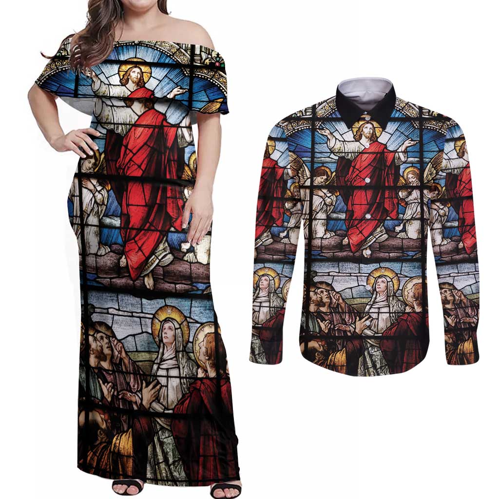 Happy Ascension Day Couples Matching Off Shoulder Maxi Dress and Long Sleeve Button Shirt Ascension Of Jesus Christ Stained Glass Windows