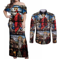 Happy Ascension Day Couples Matching Off Shoulder Maxi Dress and Long Sleeve Button Shirt Ascension Of Jesus Christ Stained Glass Windows