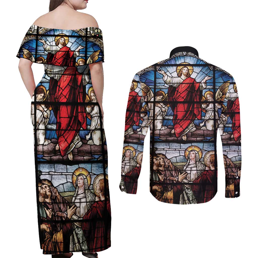Happy Ascension Day Couples Matching Off Shoulder Maxi Dress and Long Sleeve Button Shirt Ascension Of Jesus Christ Stained Glass Windows