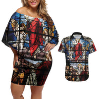 Happy Ascension Day Couples Matching Off Shoulder Short Dress and Hawaiian Shirt Ascension Of Jesus Christ Stained Glass Windows