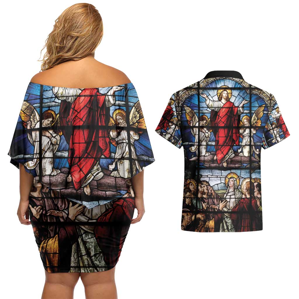 Happy Ascension Day Couples Matching Off Shoulder Short Dress and Hawaiian Shirt Ascension Of Jesus Christ Stained Glass Windows