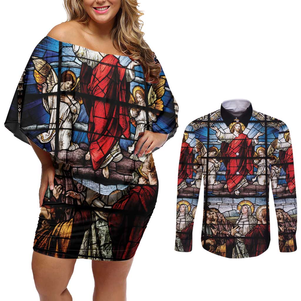 Happy Ascension Day Couples Matching Off Shoulder Short Dress and Long Sleeve Button Shirt Ascension Of Jesus Christ Stained Glass Windows