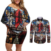 Happy Ascension Day Couples Matching Off Shoulder Short Dress and Long Sleeve Button Shirt Ascension Of Jesus Christ Stained Glass Windows