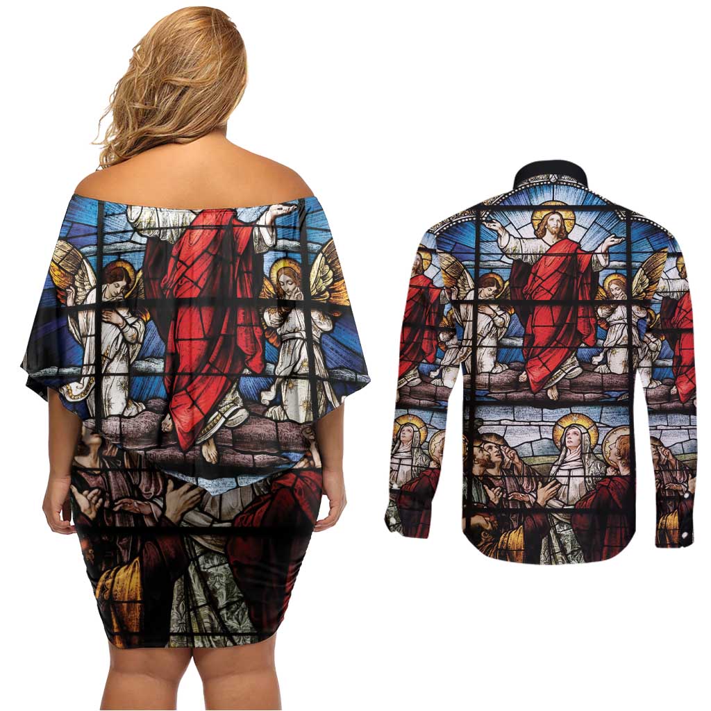 Happy Ascension Day Couples Matching Off Shoulder Short Dress and Long Sleeve Button Shirt Ascension Of Jesus Christ Stained Glass Windows