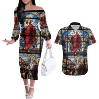 Happy Ascension Day Couples Matching Off The Shoulder Long Sleeve Dress and Hawaiian Shirt Ascension Of Jesus Christ Stained Glass Windows