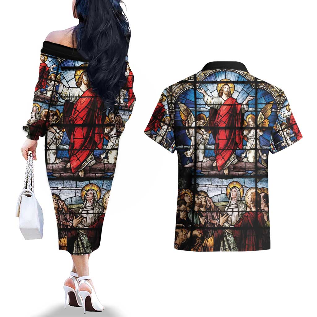 Happy Ascension Day Couples Matching Off The Shoulder Long Sleeve Dress and Hawaiian Shirt Ascension Of Jesus Christ Stained Glass Windows