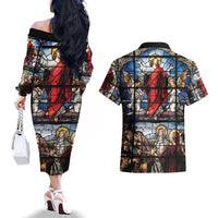 Happy Ascension Day Couples Matching Off The Shoulder Long Sleeve Dress and Hawaiian Shirt Ascension Of Jesus Christ Stained Glass Windows