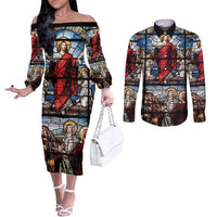 Happy Ascension Day Couples Matching Off The Shoulder Long Sleeve Dress and Long Sleeve Button Shirt Ascension Of Jesus Christ Stained Glass Windows