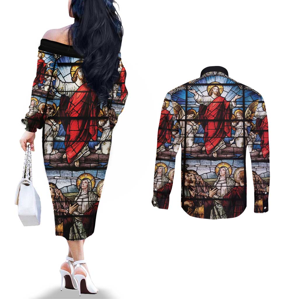 Happy Ascension Day Couples Matching Off The Shoulder Long Sleeve Dress and Long Sleeve Button Shirt Ascension Of Jesus Christ Stained Glass Windows