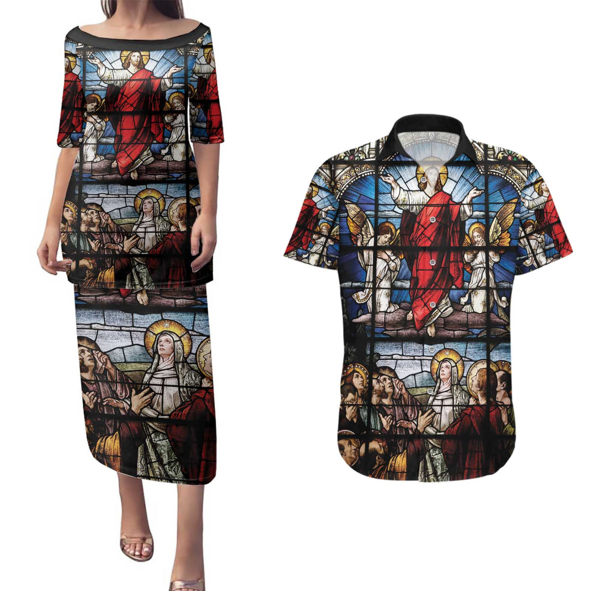 Happy Ascension Day Couples Matching Puletasi and Hawaiian Shirt Ascension Of Jesus Christ Stained Glass Windows
