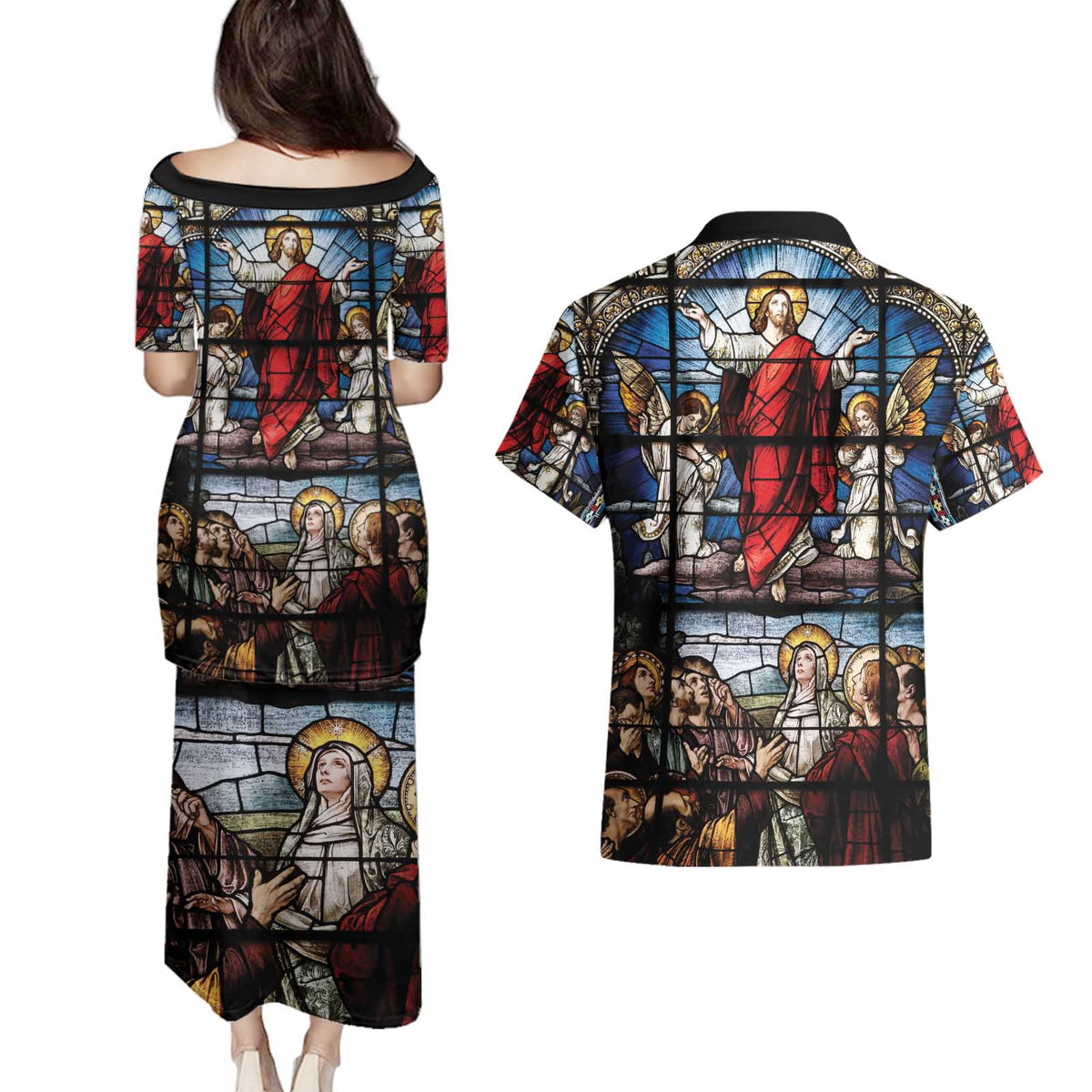 Happy Ascension Day Couples Matching Puletasi and Hawaiian Shirt Ascension Of Jesus Christ Stained Glass Windows
