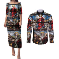 Happy Ascension Day Couples Matching Puletasi and Long Sleeve Button Shirt Ascension Of Jesus Christ Stained Glass Windows
