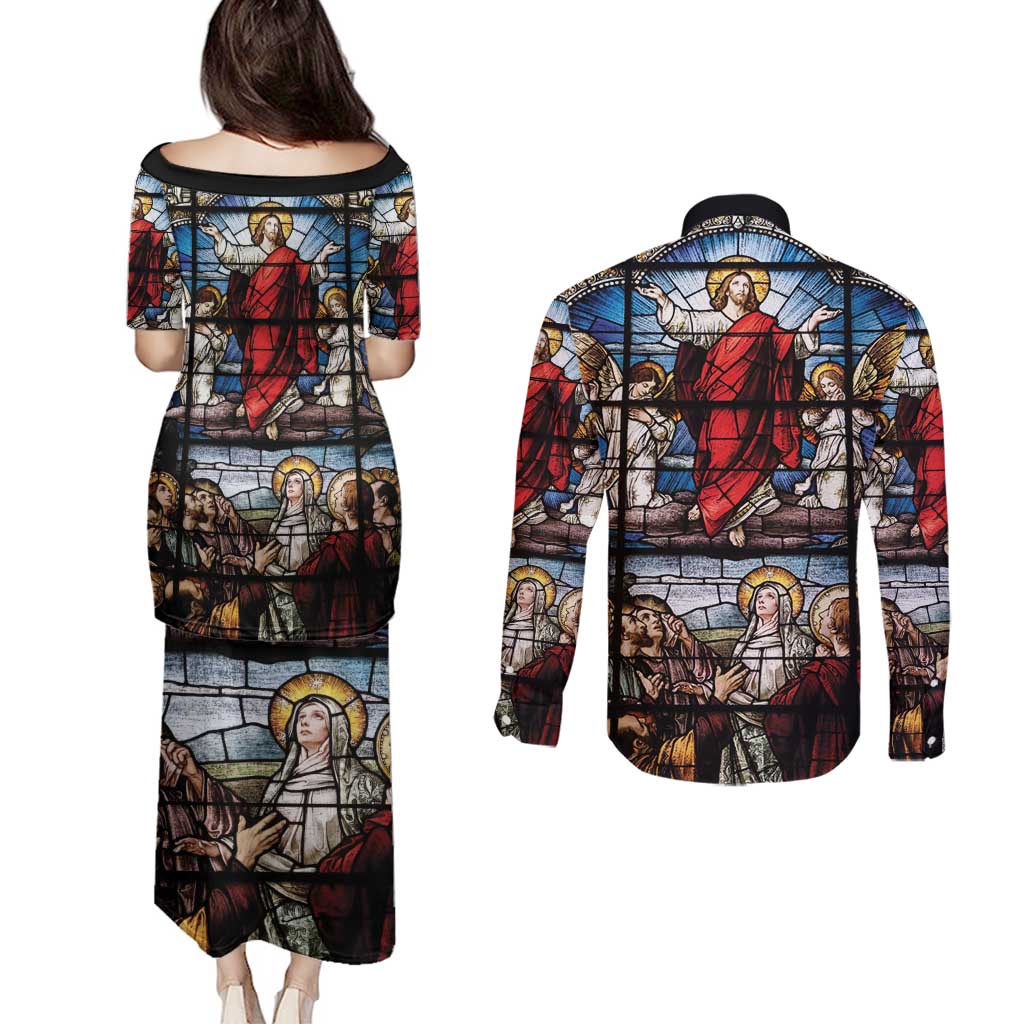 Happy Ascension Day Couples Matching Puletasi and Long Sleeve Button Shirt Ascension Of Jesus Christ Stained Glass Windows