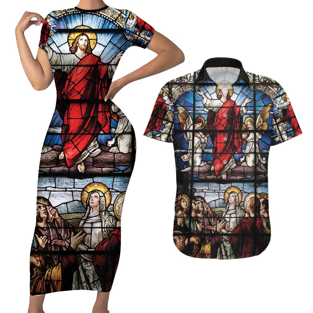 Happy Ascension Day Couples Matching Short Sleeve Bodycon Dress and Hawaiian Shirt Ascension Of Jesus Christ Stained Glass Windows