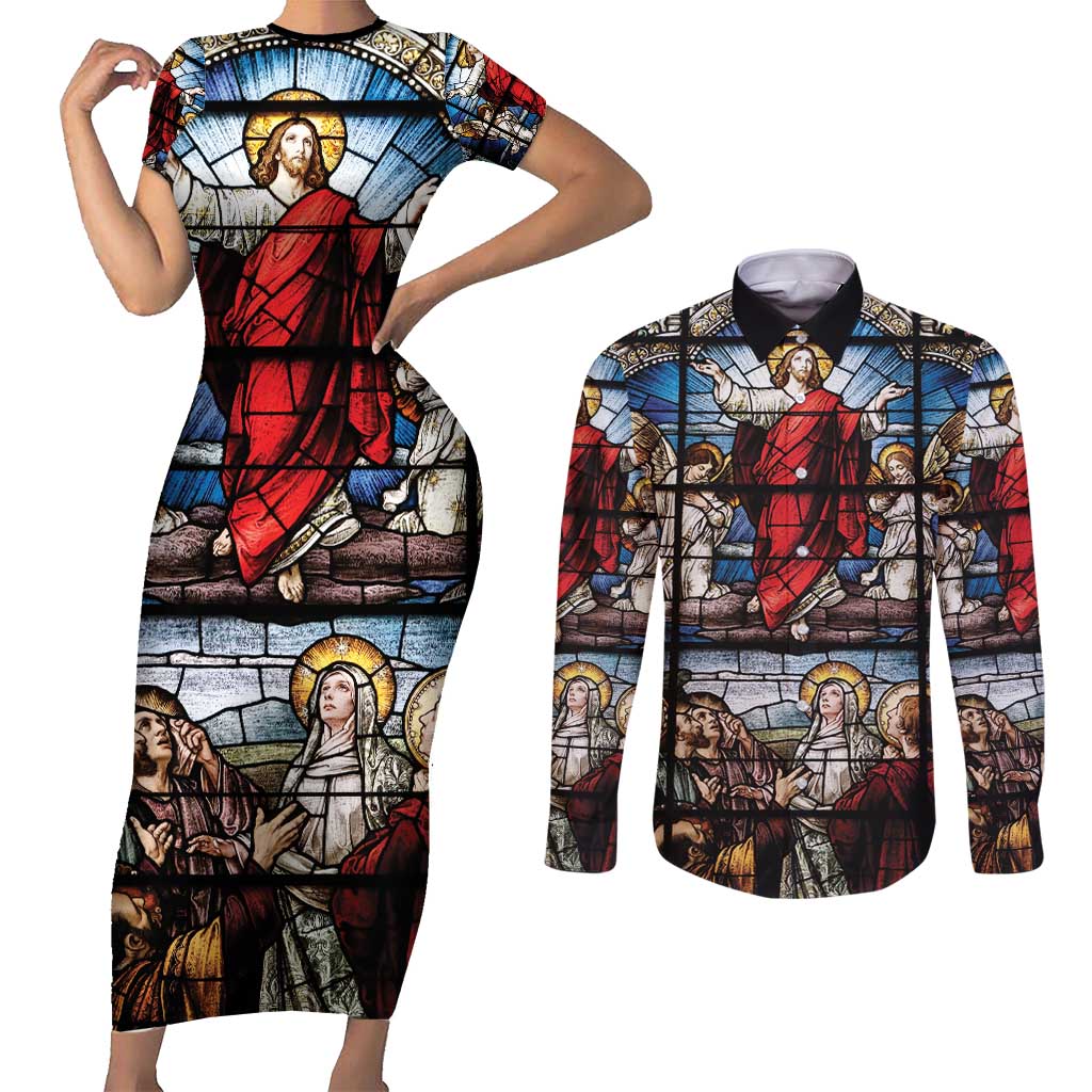 Happy Ascension Day Couples Matching Short Sleeve Bodycon Dress and Long Sleeve Button Shirt Ascension Of Jesus Christ Stained Glass Windows