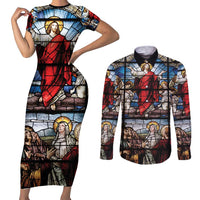 Happy Ascension Day Couples Matching Short Sleeve Bodycon Dress and Long Sleeve Button Shirt Ascension Of Jesus Christ Stained Glass Windows