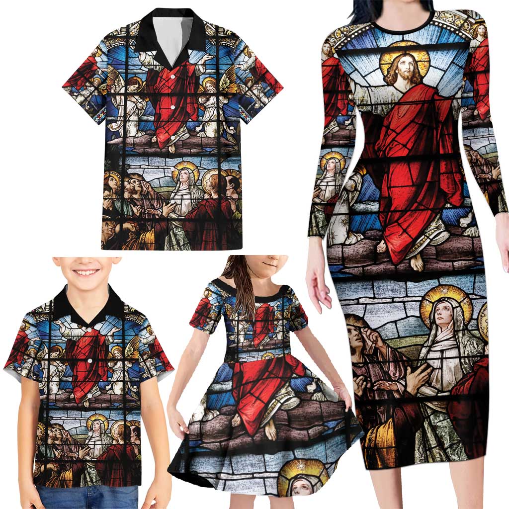 Happy Ascension Day Family Matching Long Sleeve Bodycon Dress and Hawaiian Shirt Ascension Of Jesus Christ Stained Glass Windows