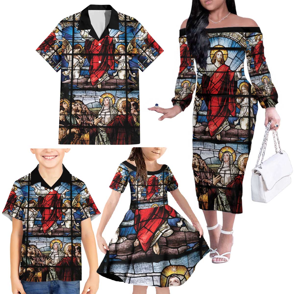 Happy Ascension Day Family Matching Off The Shoulder Long Sleeve Dress and Hawaiian Shirt Ascension Of Jesus Christ Stained Glass Windows