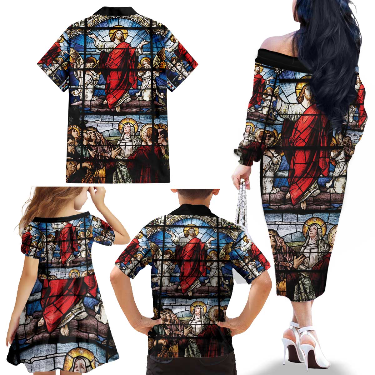 Happy Ascension Day Family Matching Off The Shoulder Long Sleeve Dress and Hawaiian Shirt Ascension Of Jesus Christ Stained Glass Windows