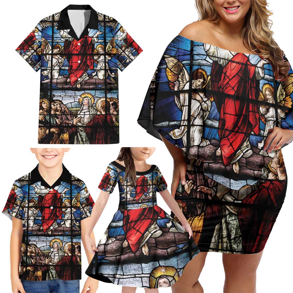 Happy Ascension Day Family Matching Off Shoulder Short Dress and Hawaiian Shirt Ascension Of Jesus Christ Stained Glass Windows