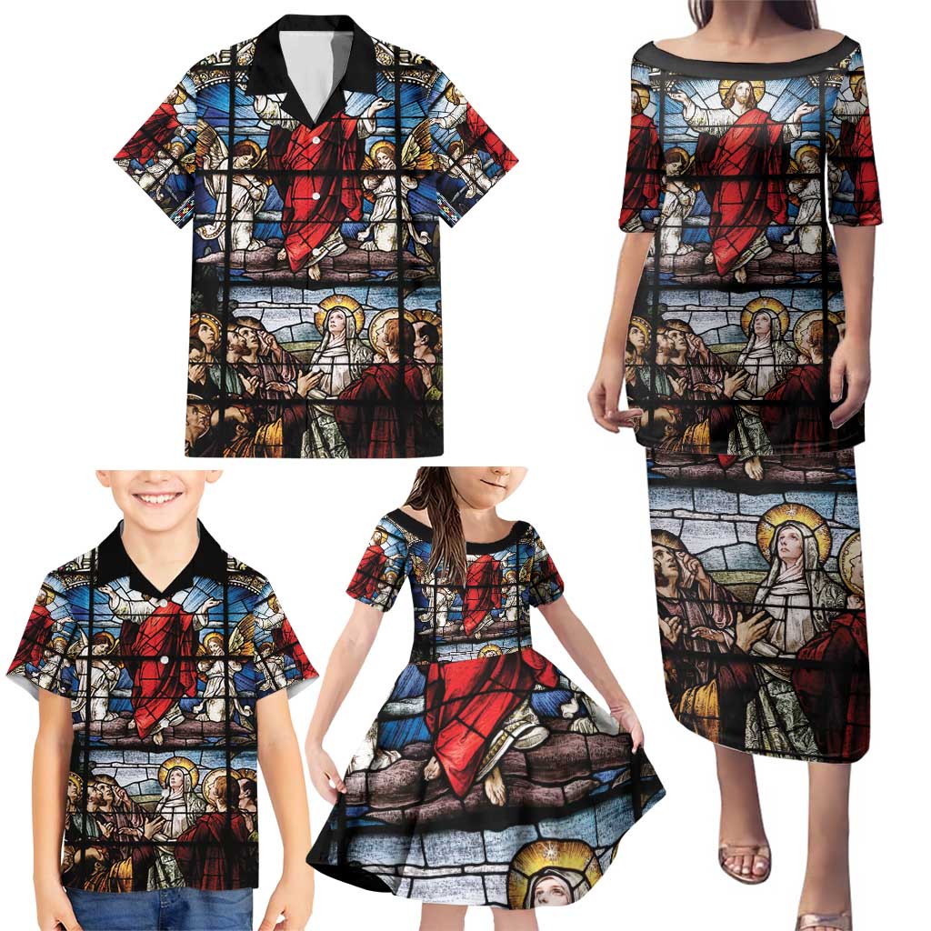 Happy Ascension Day Family Matching Puletasi and Hawaiian Shirt Ascension Of Jesus Christ Stained Glass Windows