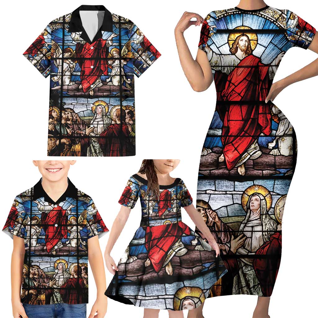 Happy Ascension Day Family Matching Short Sleeve Bodycon Dress and Hawaiian Shirt Ascension Of Jesus Christ Stained Glass Windows