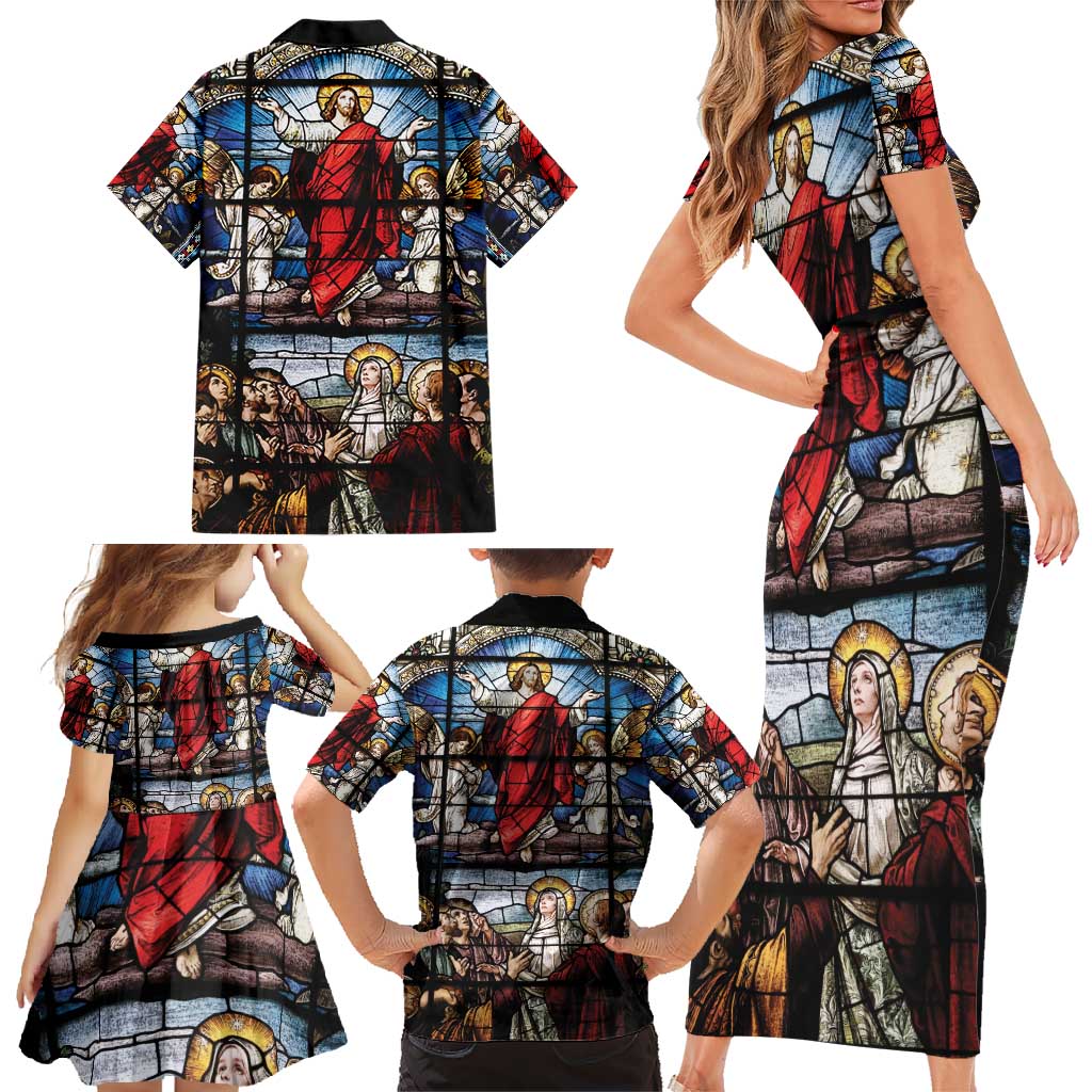 Happy Ascension Day Family Matching Short Sleeve Bodycon Dress and Hawaiian Shirt Ascension Of Jesus Christ Stained Glass Windows