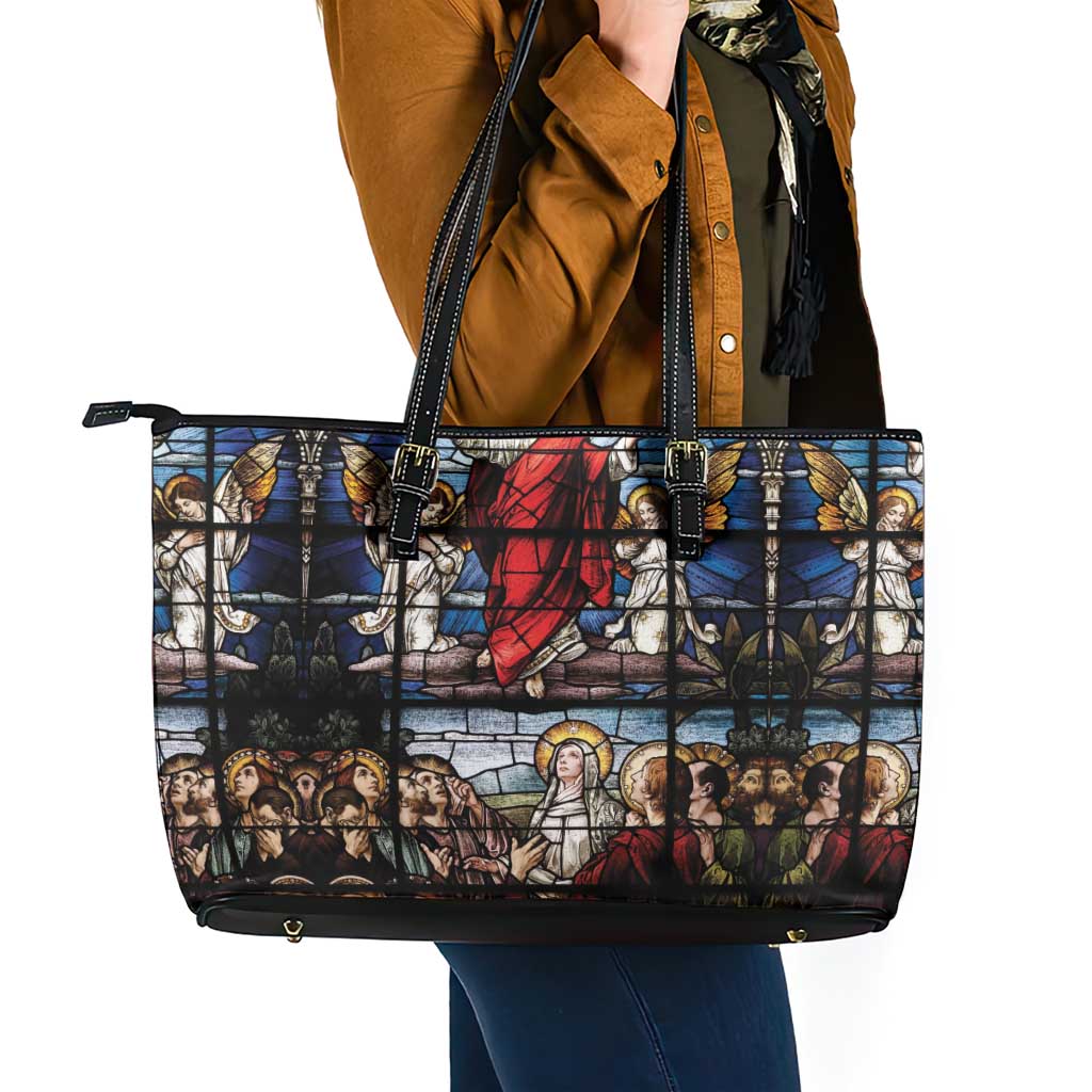Happy Ascension Day Leather Tote Bag Ascension Of Jesus Christ Stained Glass Windows