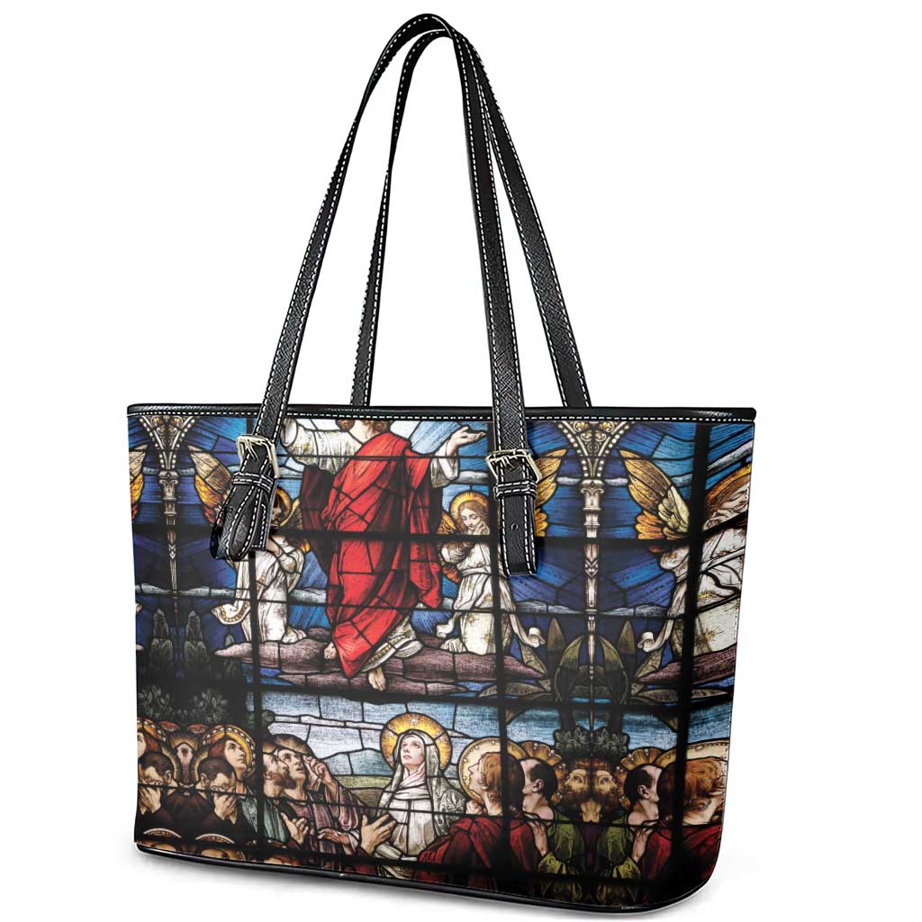 Happy Ascension Day Leather Tote Bag Ascension Of Jesus Christ Stained Glass Windows