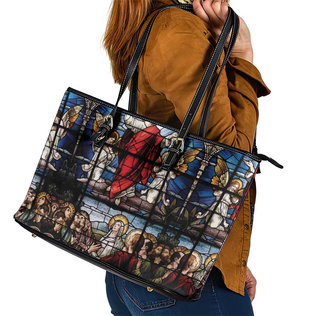 Happy Ascension Day Leather Tote Bag Ascension Of Jesus Christ Stained Glass Windows