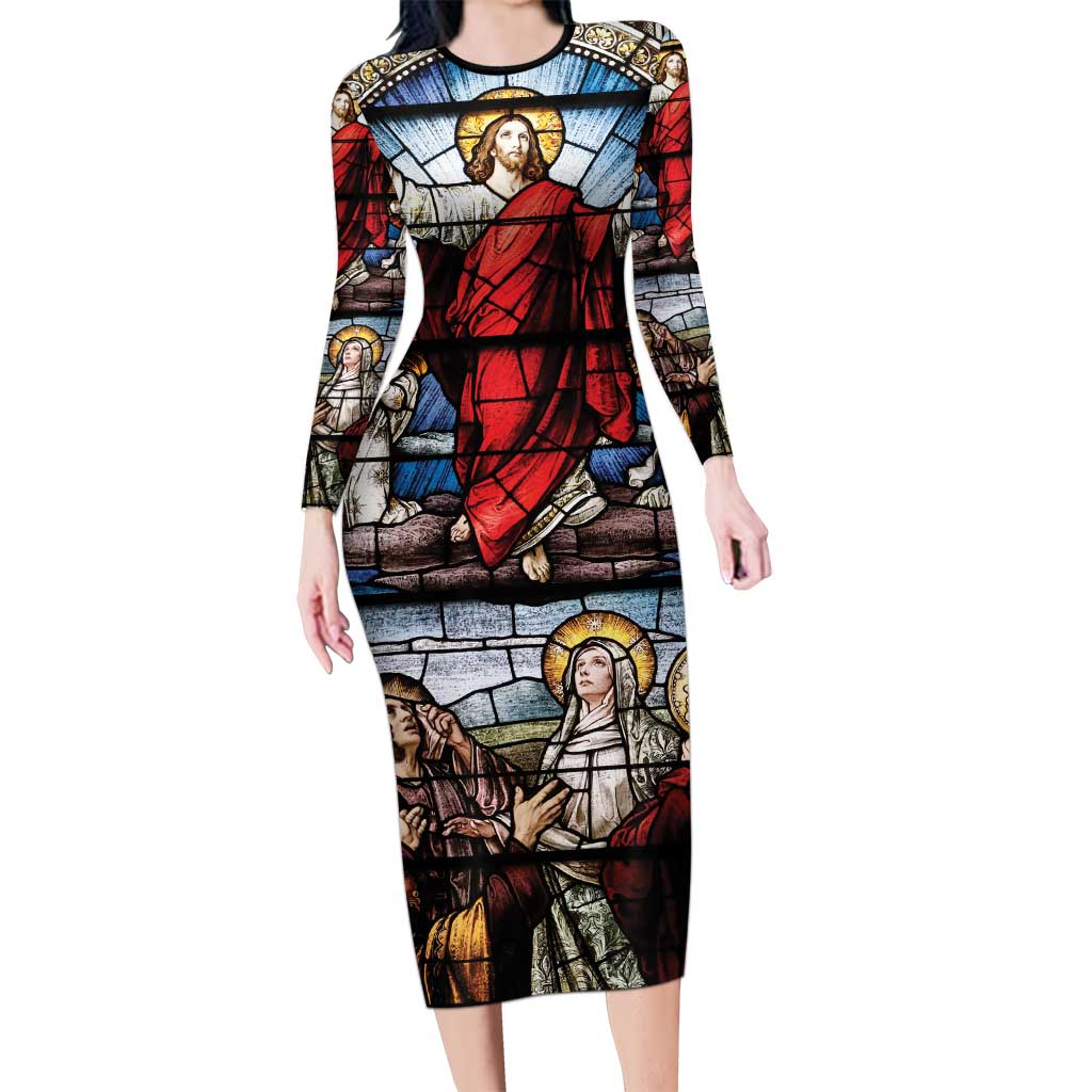 Happy Ascension Day Long Sleeve Bodycon Dress Ascension Of Jesus Christ Stained Glass Windows