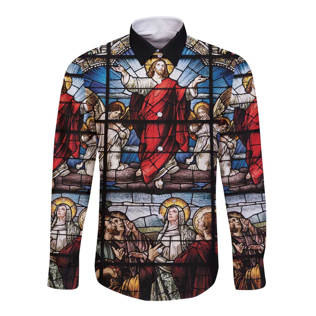 Happy Ascension Day Long Sleeve Button Shirt Ascension Of Jesus Christ Stained Glass Windows