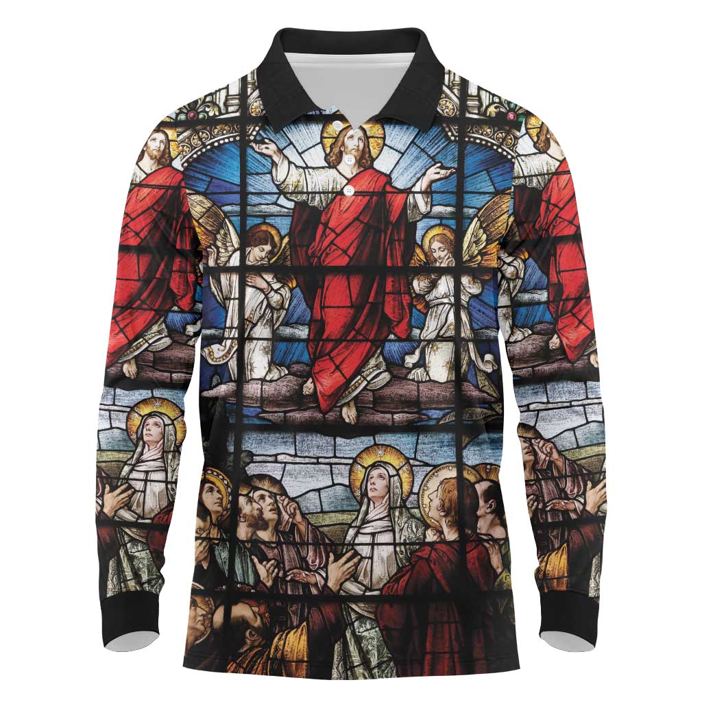 Happy Ascension Day Long Sleeve Polo Shirt Ascension Of Jesus Christ Stained Glass Windows